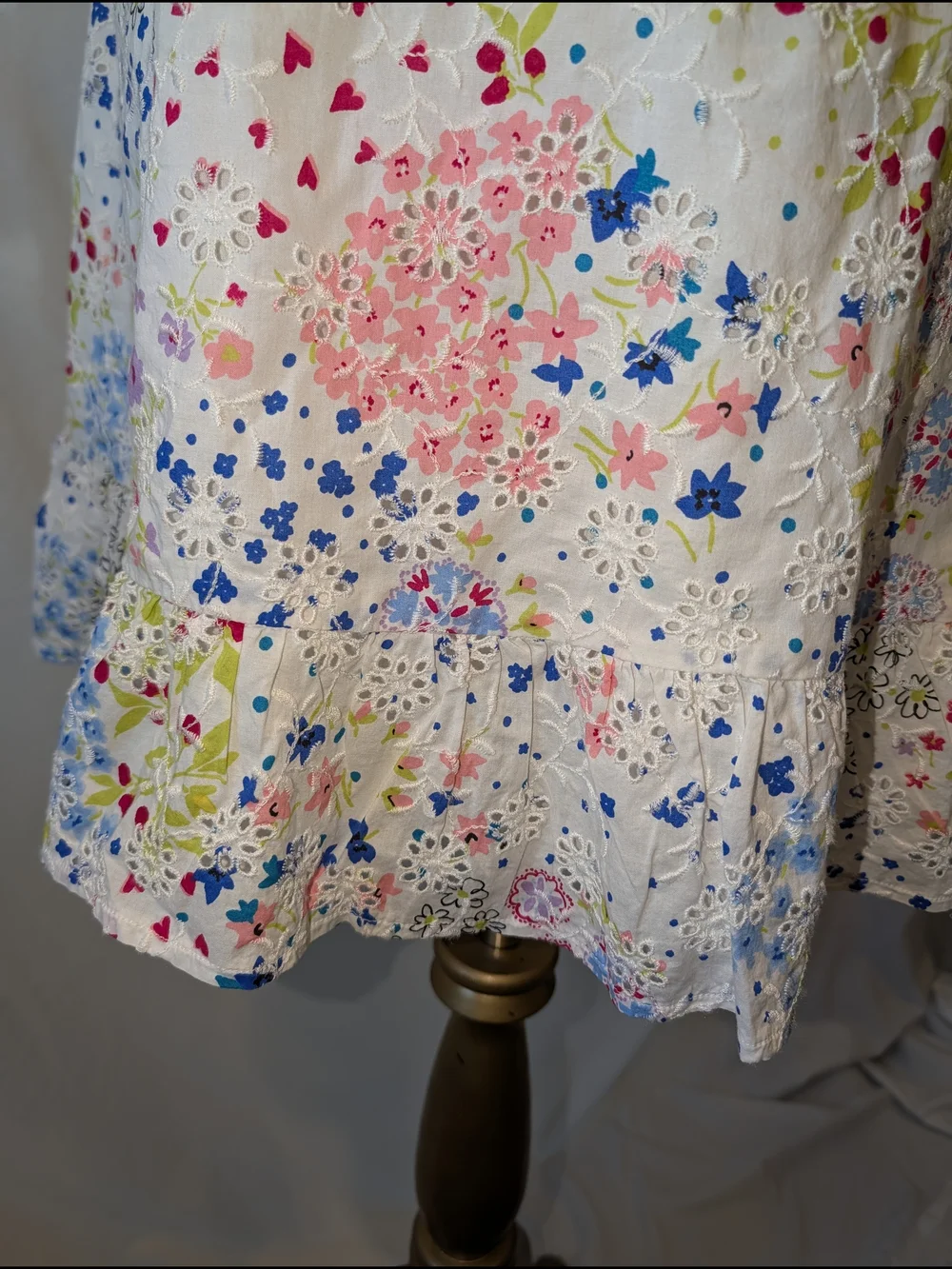 White Floral Midi Dress Eyelet, Blue pink‎ yellow embroidery ruffle 100% cotton